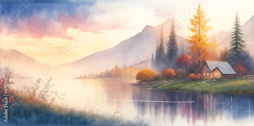 Highland lake. Fall landscape. Watercolor style. AI generated illustration
