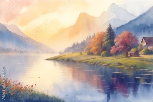 Highland lake. Fall landscape. Watercolor style. AI generated illustration © vector_master