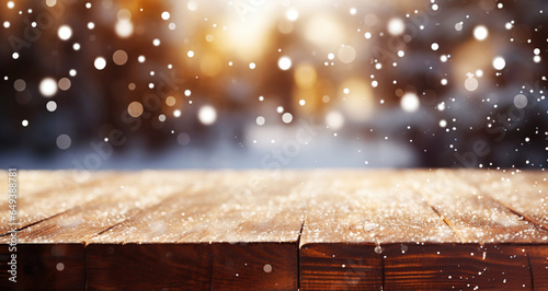 Empty wooden tabletop on background of Christmas lights  sparkling garlands  bokeh  copy space. Postcard  flyer