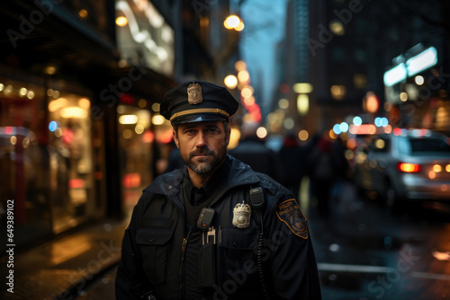 A Caucasian police officer patrols the streets of the city