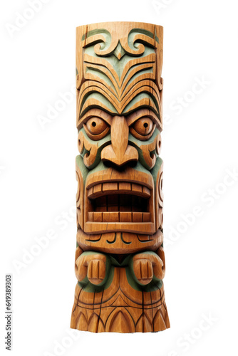 a carved tiki totem pole statue isolated on a transparent background, generative ai