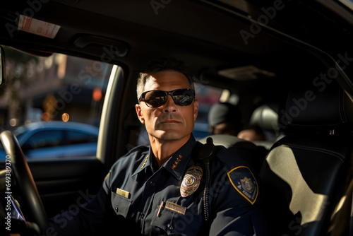 Portrait of police officer patrolling streets of city in official police car © sofiko14