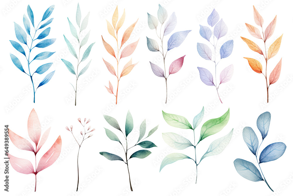 Watercolor colorful set of Tropical spring floral pastel leaves and flowers elements isolated on transparent background, bouquets greeting or wedding card decoration. - obrazy, fototapety, plakaty 