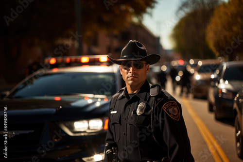 Portrait of a police officer in a hat against the background of a patrol car