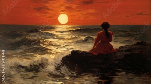 Beautiful sunset on the sea  a woman in a red dress sits with her back and looks at the fading sun  oil painting