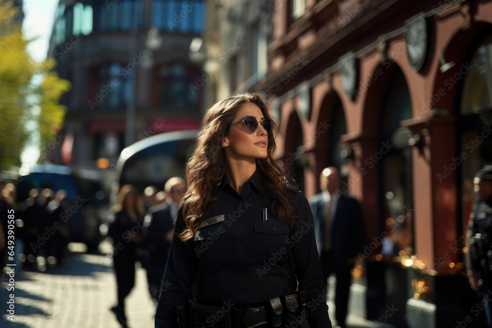 Caucasian female police officer patrols the streets of the city