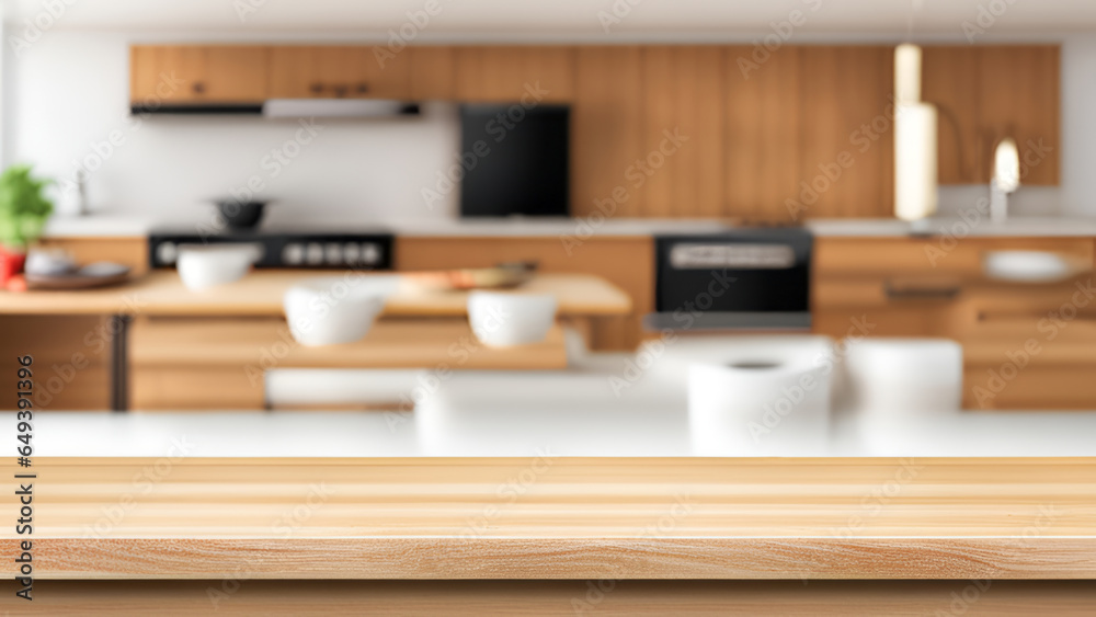 Wooden top table with bokeh light effect and blur kitchen on background