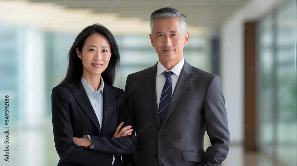 Happy confident professional mature Latin business man and Asian business woman corporate leaders managers standing in office, two diverse colleagues executives team together, vertical portrait Happy confident professional mature Latin business man and Asian business woman corporate leaders managers standing in office, two diverse colleagues executives team together, vertical portrait