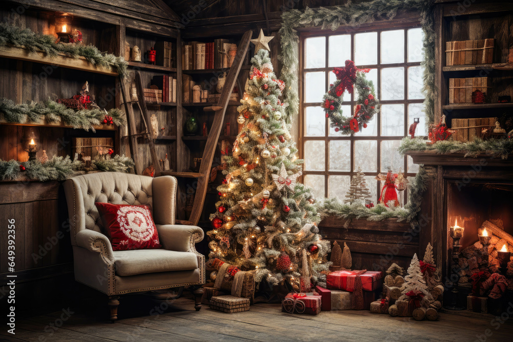 Rustic wooden living room interior with christmas tree decoration. White winter season at home.