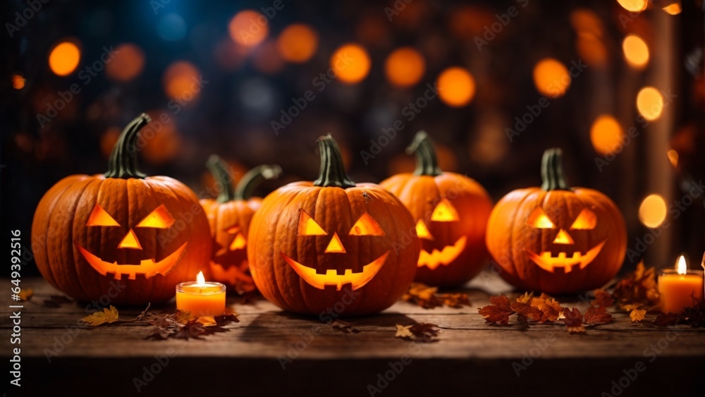 Halloween,group of orange pumpkins on a wooden table on a bokeh glowing background, copy space Halloween,group of orange pumpkins on a wooden table on a bokeh glowing background, copy space