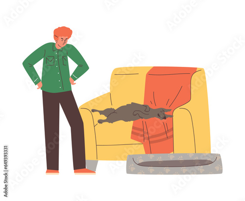 Man furious because his dog sleeps on sofa, flat vector illustration isolated.