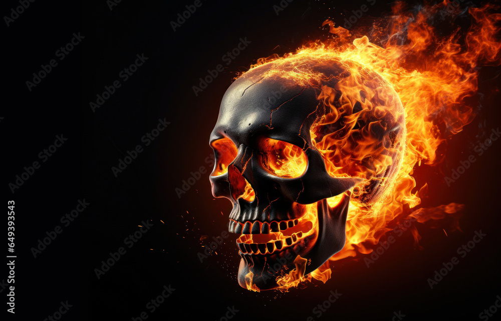 Skull in flames on a black background. Burning skull. Generative AI Skull in flames on a black background. Burning skull. Generative AI