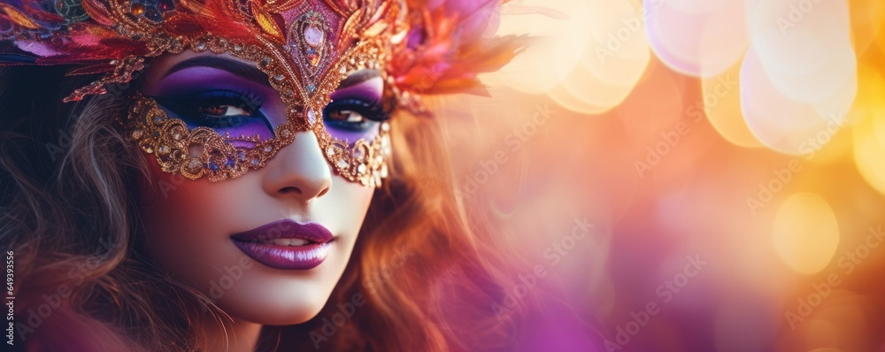Woman in carnival mask, blur background with festive lights and sparkles. Generative AI.