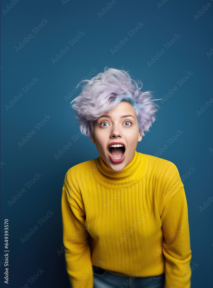 Studio portrait of a happy amazed 20 y.o. girl with her mouth open. Generative AI Studio portrait of a happy amazed 20 y.o. girl with her mouth open. Generative AI
