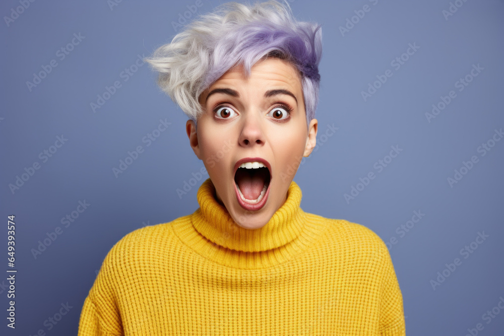 Studio portrait of a happy amazed 20 y.o. girl with her mouth open. Generative AI Studio portrait of a happy amazed 20 y.o. girl with her mouth open. Generative AI