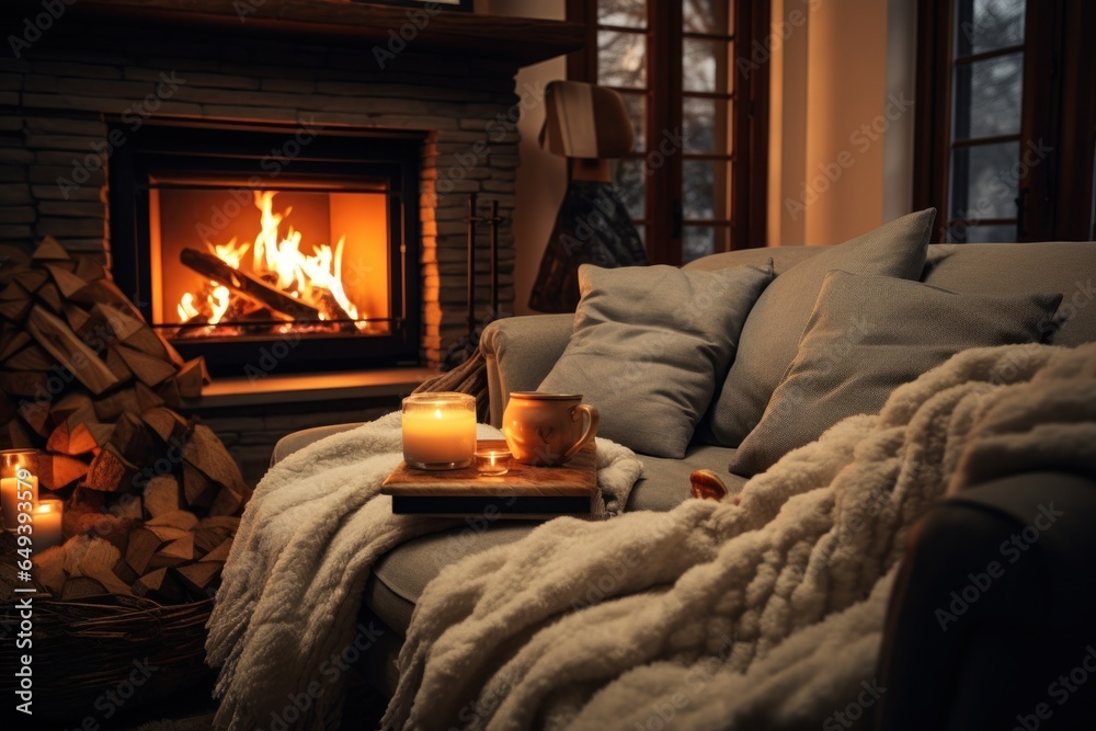 Fototapeta premium A warm and inviting living room with a crackling fire in the fireplace. Perfect for creating a cozy atmosphere in any home or cabin.