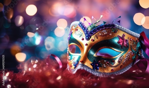Carnival mask, blur background with festive lights and sparkles. Generative AI.