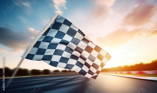Race track background, finish line with checkered flag. Generative AI