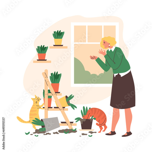 Woman horrified by the mess cats have made, flat vector illustration isolated.