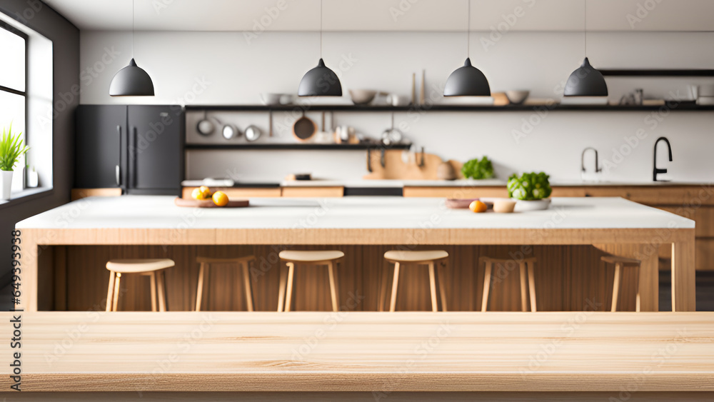 Wooden top table with bokeh light effect and blur kitchen on background Wooden top table with bokeh light effect and blur kitchen on background