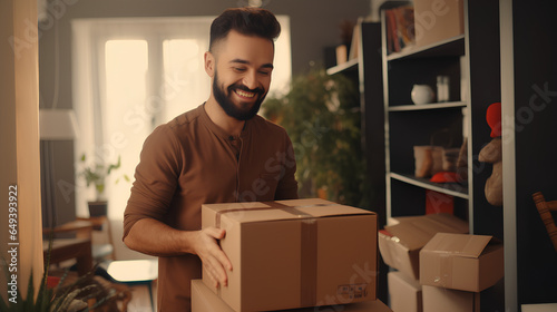 Happy young man opening parcel, handsome guy open package indoor, delivery, shipment, satisfied customers concept