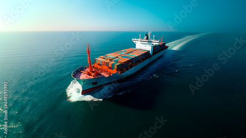 A maritime container vessel sails across ocean, global logistics. Generative AI