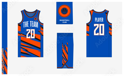 Basketball uniform mockup template design for sport club. Basketball jersey, basketball shorts in front and back view. Basketball logo design. 