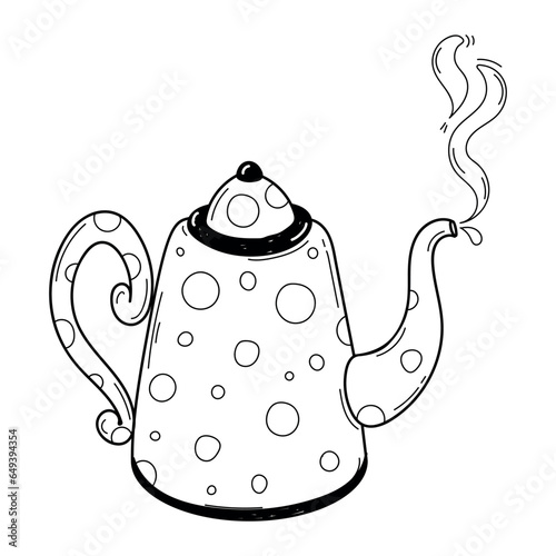 Vintage black and white tea kettle with hot steam. Rustic teapot with autumn herbal drink. Doodle illustration isolated on white background