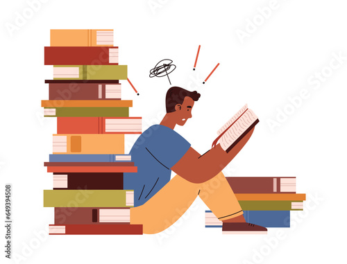 Young man student in panic prepare school or college test, exam preparation with books pile, vector deadline education