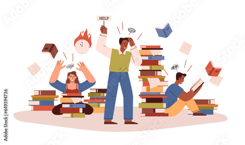 Stressed students preparing for exams, flat vector illustration isolated on white background.