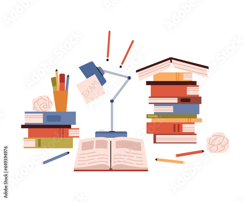 High pile of books, lamp with note, vector school literature, dictionaries and encyclopedias, library for exam education