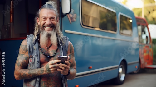 Mature tattooed man standing near rv camper van on vacation using mobile phone. Smiling mature active traveler holding smartphone enjoying free internet in camping tourism nature park