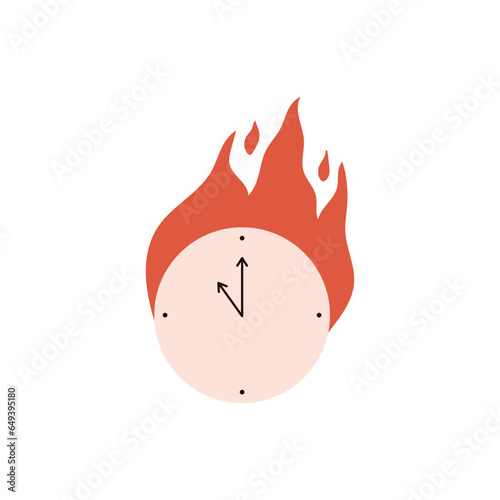 Clock on fire, cartoon flat vector illustration isolated on white background.