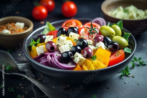 Colorful Greek salad with feta cheese, vegetables, olives in a blue ceramic bowl on a rustic concrete background. Represents Mediterranean diet and traditional cuisine of Greece. Generative AI