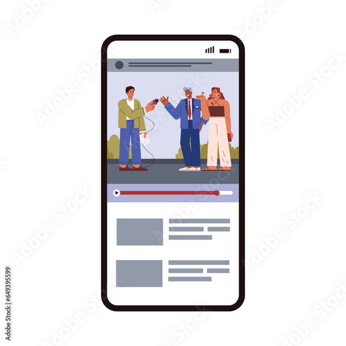 Mobile phone screen with video about journalists interview flat style