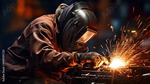 A masked welder welds parts