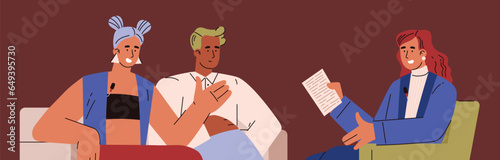 Interview process, woman journalist with paper flat style, vector illustration