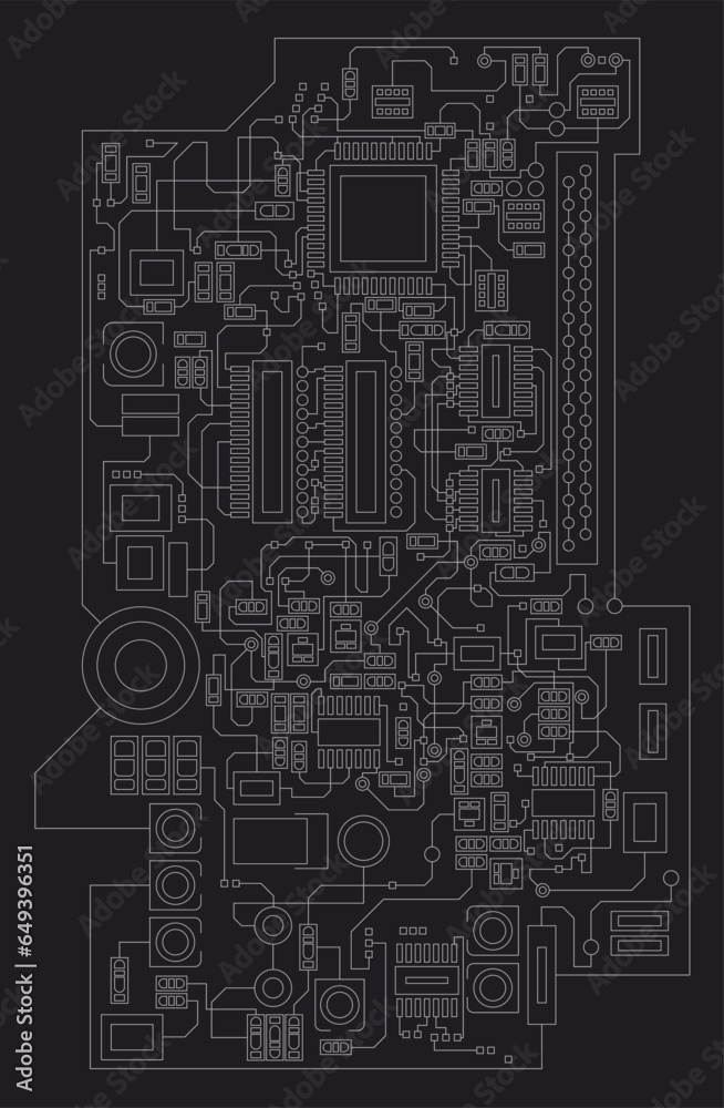 Digital technology printed circuit board. Vector illustration of a digital board with electronic components. Template for creativity.