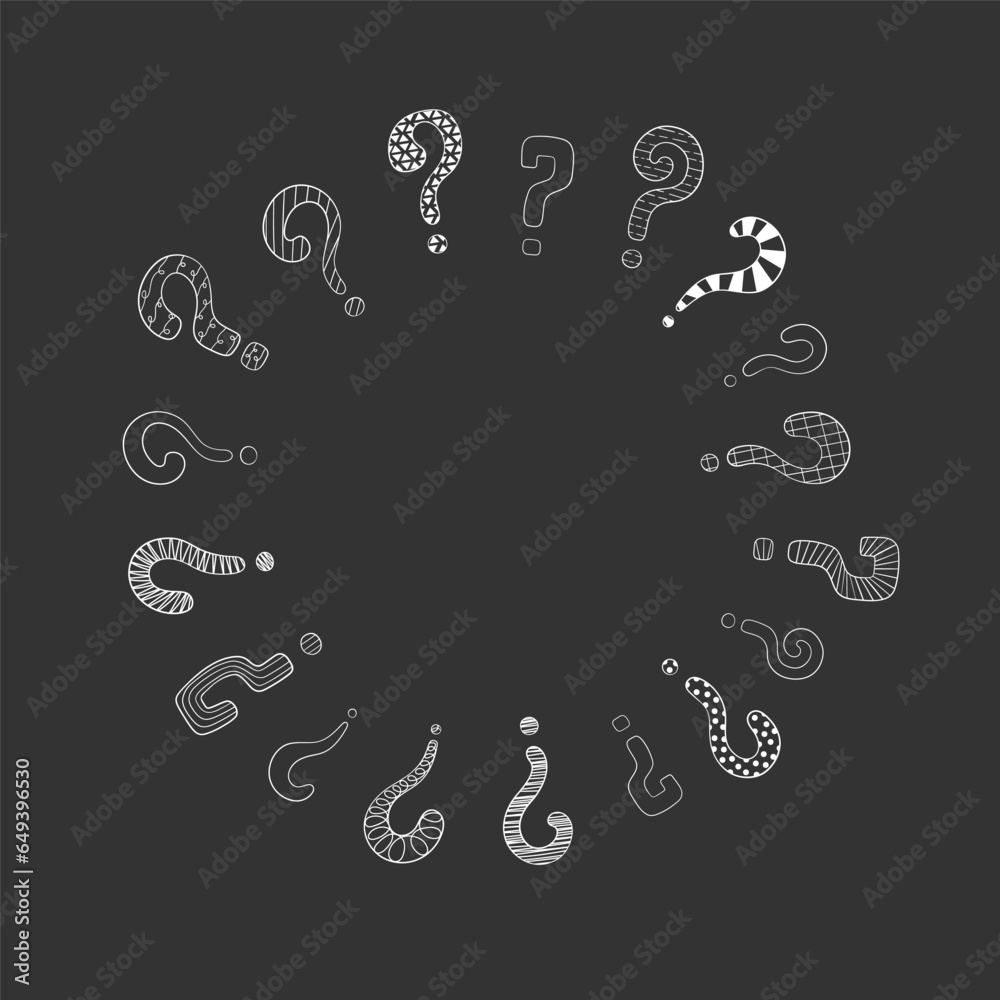 Circle frame of question marks, hand drawn in doodle style, vector illustration. Question symbol for print and design. Quiz and Exam concept, isolated elements on a chalk board background Circle frame of question marks, hand drawn in doodle style, vector illustration. Question symbol for print and design. Quiz and Exam concept, isolated elements on a chalk board background