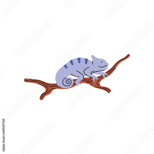 Blue guana on branch, hand drawn lizard character, side view isolated, childish flat pet reptile animal, exotic crawling mammal
