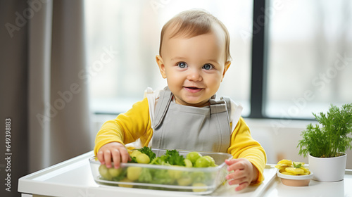 Small happy Boy smile. Child is sitting in kitchen, having meal. Concept of healthy kids food. Ai generative illustration