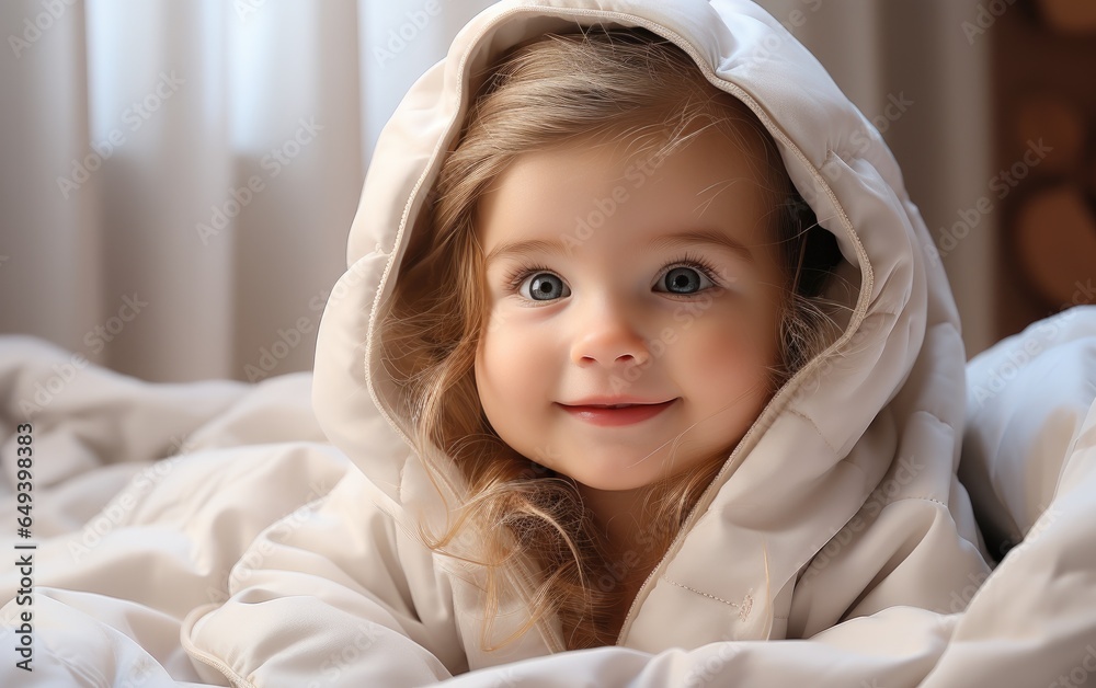 A cute child wrapped in a white blanket, playing on the bed. Generative AI A cute child wrapped in a white blanket, playing on the bed. Generative AI