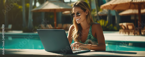 Cheerful young woman working on a laptop on vacation. Copy space