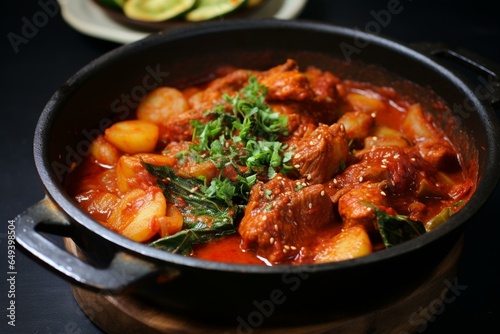 Korean pork stew with spicy kimchi. Generative AI