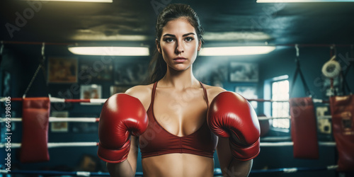 A woman in boxing gloves on a ring. Concept of sport training. Ai generative illustration