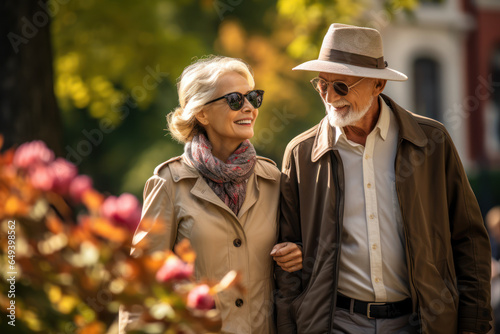 An elderly couple enjoying a peaceful walk in a park, symbolizing the importance of active aging. Generative Ai.