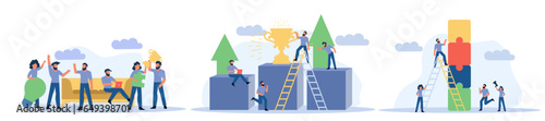 Business teamwork team vector concept illustration idea work. Success corporate background design cooperation partnership banner. Collaboration company group. Building puzzle connection unity page.