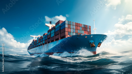 Cargo ship carry industrial containers by sea. Business shipment transportation concept. Ai generative illustration