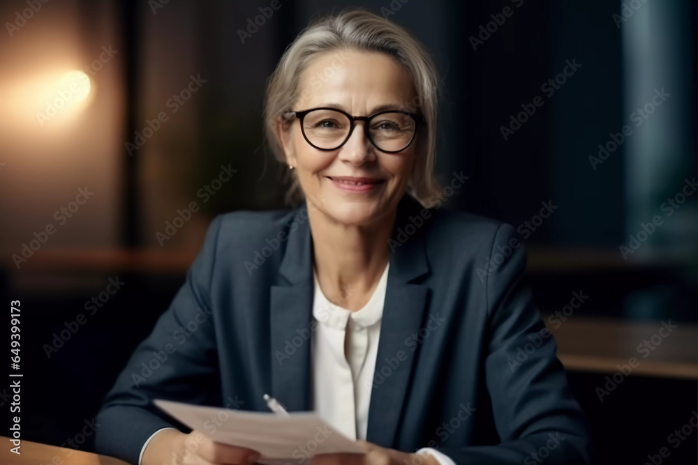miling mature business woman hr holding cv at job interview. Happy mid aged professional banking financial manager, insurance agent, lawyer consulting clients sitting at work corporate office meeting miling mature business woman hr holding cv at job interview. Happy mid aged professional banking financial manager, insurance agent, lawyer consulting clients sitting at work corporate office meeting
