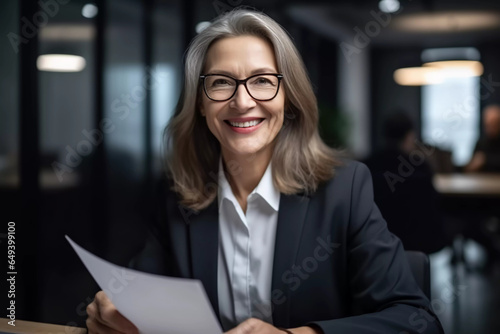 Fototapeta Naklejka Na Ścianę i Meble -  miling mature business woman hr holding cv at job interview. Happy mid aged professional banking financial manager, insurance agent, lawyer consulting clients sitting at work corporate office meeting